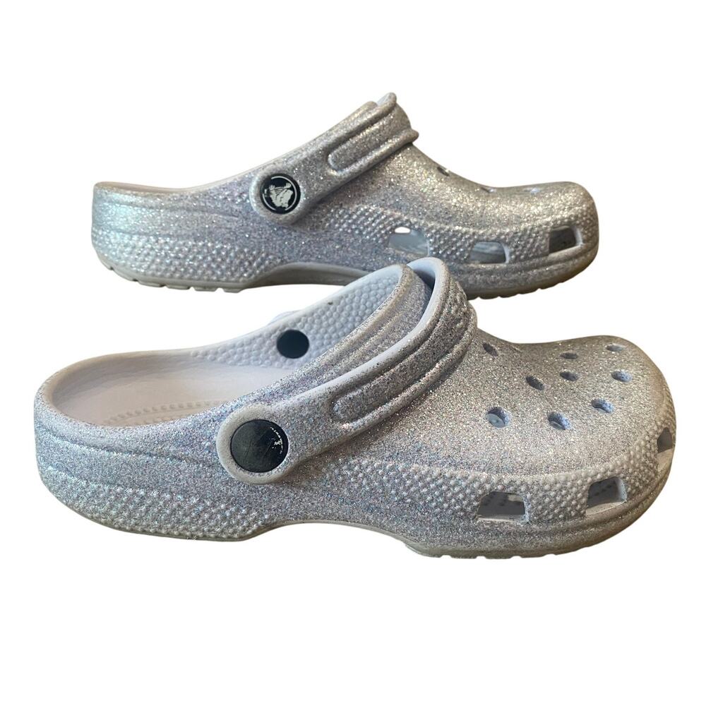 Silver Glitter Crocs Classic Clog Youth J3 Kids Shoes Sparkle Slip-On